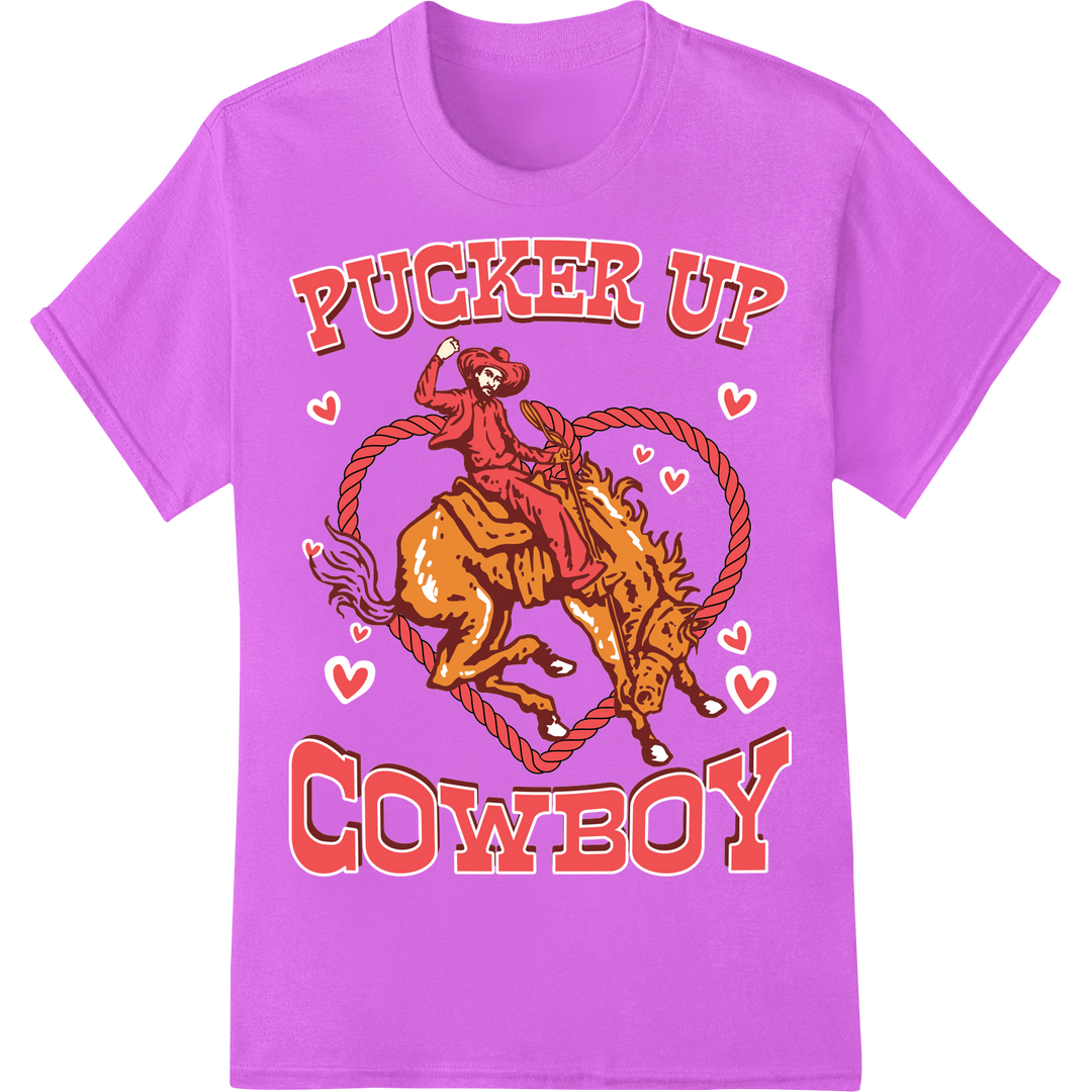 Lasso Your Love: Pucker Up Cowboy Valentine's DTF Print on purple shirt - SUPERDTF-DTF Prints-DTF Transfers-Custom DTF Prints