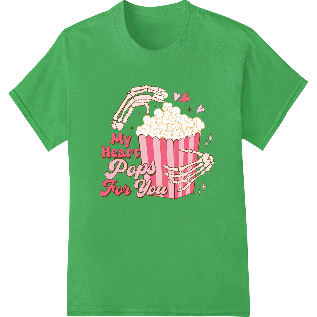 Playful Skeleton 'My Heart Pops For You' Valentine's DTF Print on green shirt - SUPERDTF-DTF Prints-DTF Transfers-Custom DTF Prints