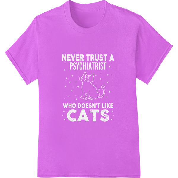 Never Trust a Smiling Cat - Witty Feline Humor DTF Print on purple shirt - SUPERDTF-DTF Prints-DTF Transfers-Custom DTF Prints