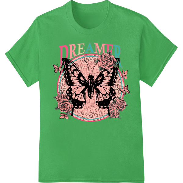 Dreamy Butterfly Amidst Blooming Roses - Ornate DTF Print on green shirt - SUPERDTF-DTF Prints-DTF Transfers-Custom DTF Prints