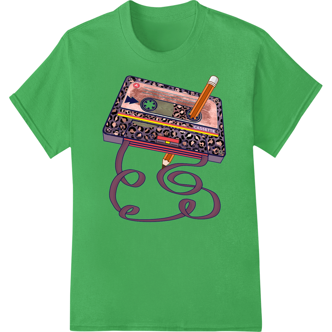 Retro Cassette Nostalgia: Vibrant DTF Print Heat Transfer on green shirt - SUPERDTF-DTF Prints-DTF Transfers-Custom DTF Prints