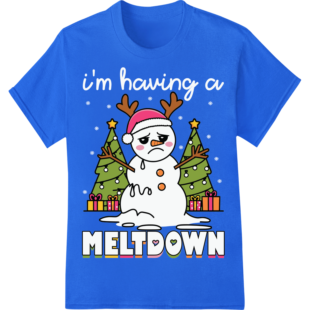 Frosty's Hilarious Holiday Meltdown - Fun Christmas DTF Print on blue shirt - SUPERDTF-DTF Prints-DTF Transfers-Custom DTF Prints