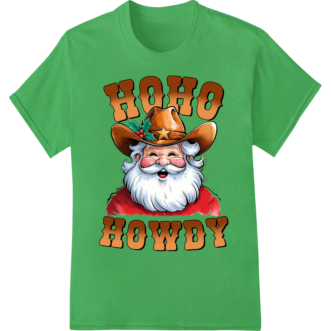 Festive Cowboy Santa 'Howdy Christmas' DTF Print Transfer on green shirt - SUPERDTF-DTF Prints-DTF Transfers-Custom DTF Prints