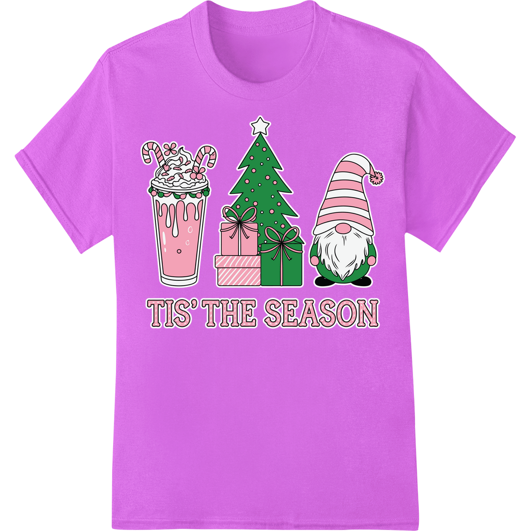 Adorable Pink Christmas: Festive DTF Print with Cute Gnome on purple shirt - SUPERDTF-DTF Prints-DTF Transfers-Custom DTF Prints