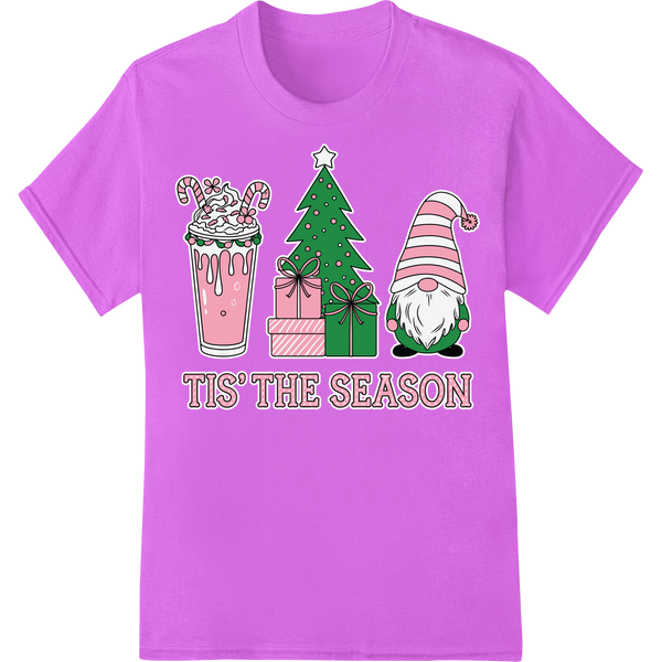 Adorable Pink Christmas: Festive DTF Print with Cute Gnome on purple shirt - SUPERDTF-DTF Prints-DTF Transfers-Custom DTF Prints