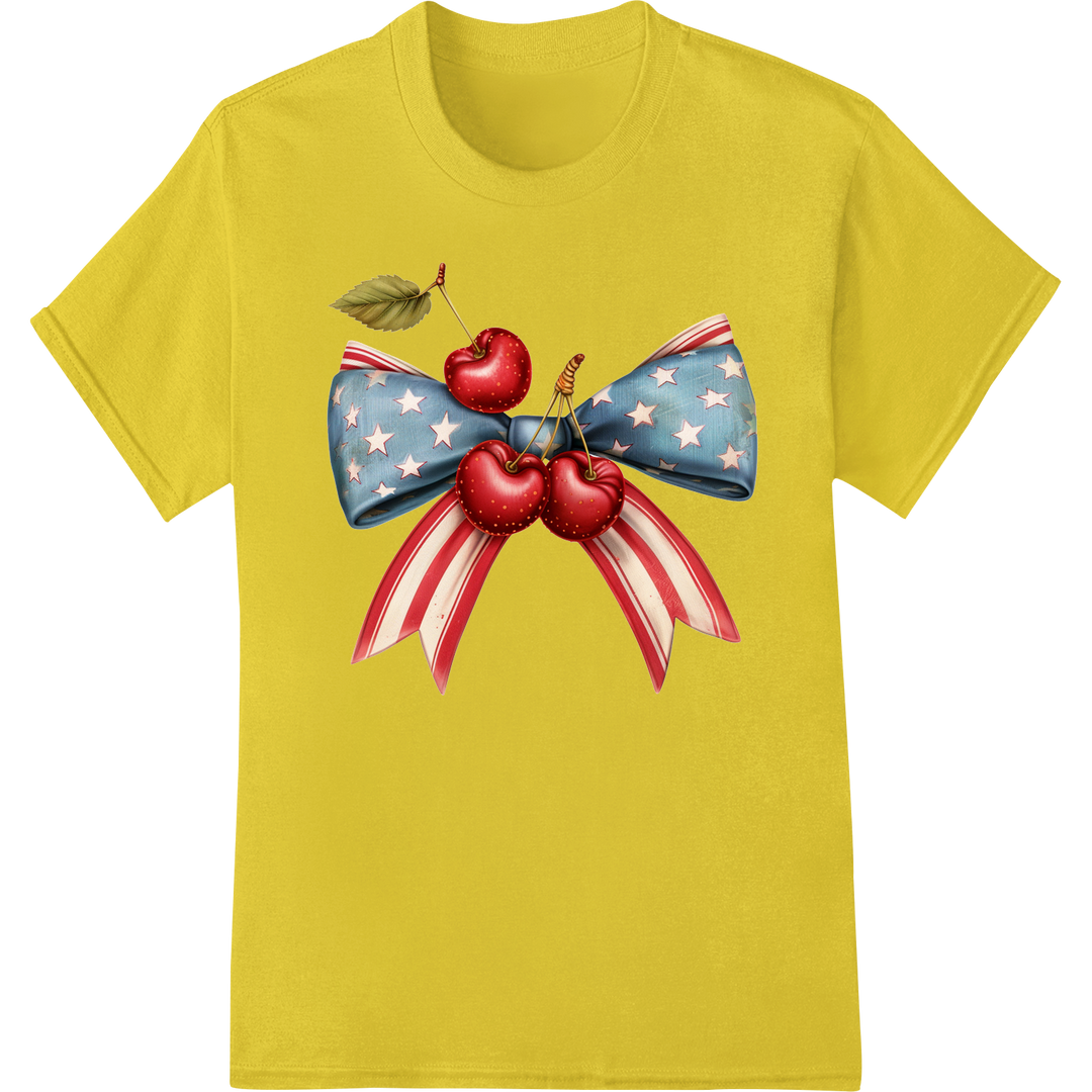 Patriotic Cherry Bow DTF Print for 4th of July Celebration on yellow shirt - SUPERDTF-DTF Prints-DTF Transfers-Custom DTF Prints