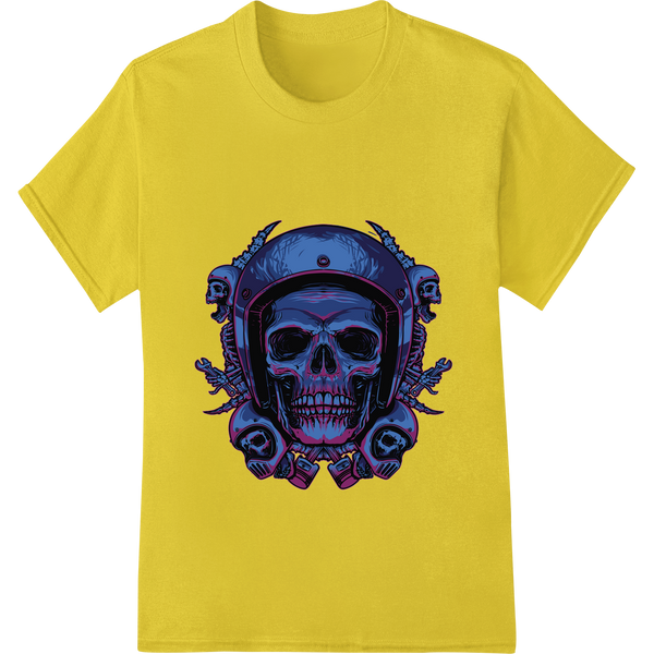 Durable custom t-shirts applied to Fearsome Skull Motorcycle Graphic Heat Transfer