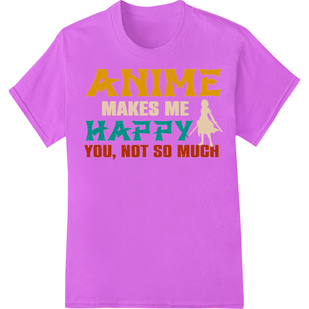 Anime Makes Me Happy: Bold Retro DTF Print Heat Transfer on purple shirt - SUPERDTF-DTF Prints-DTF Transfers-Custom DTF Prints