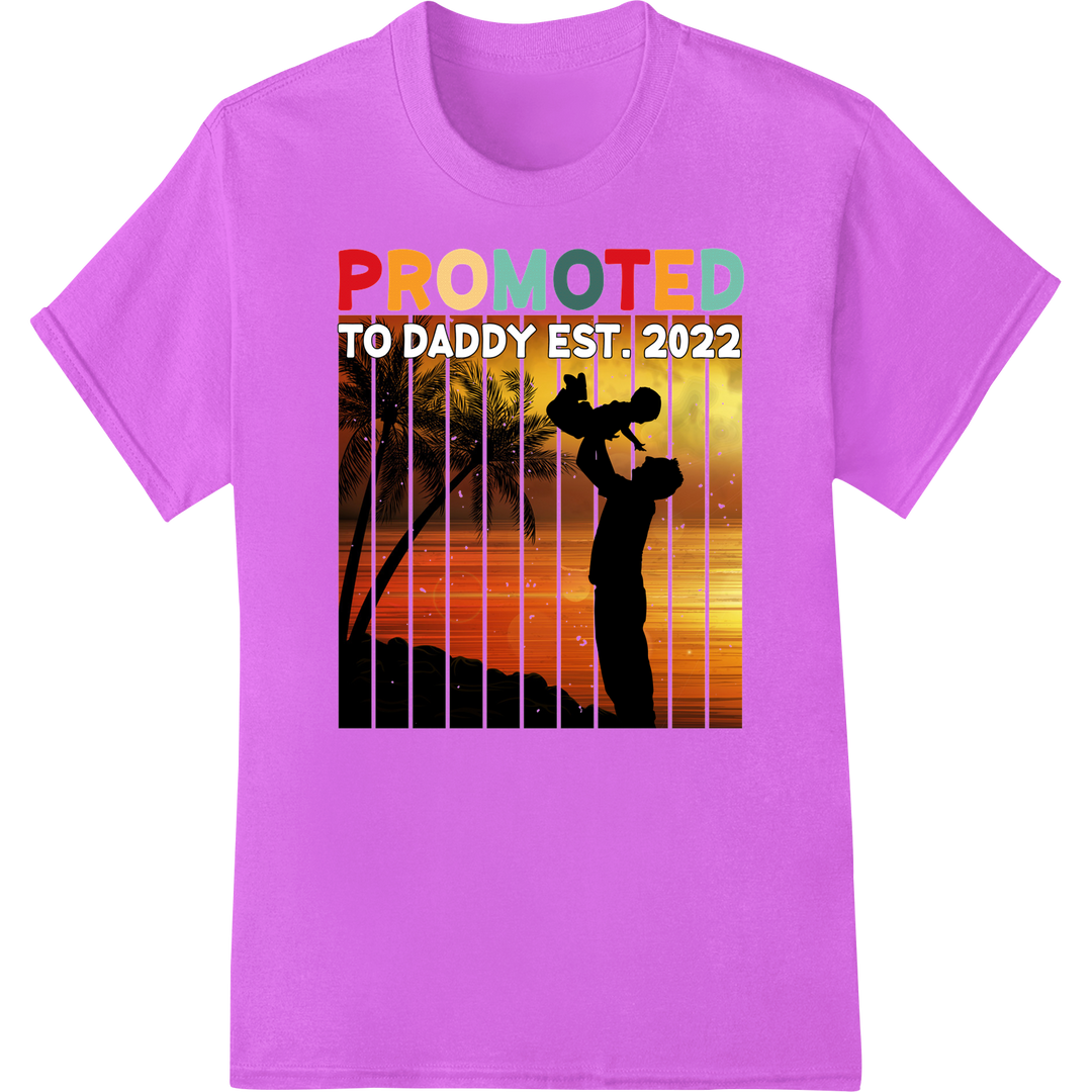 Retro 'Promoted to Daddy Est. 2022' DTF Print Heat Transfer on purple shirt - SUPERDTF-DTF Prints-DTF Transfers-Custom DTF Prints