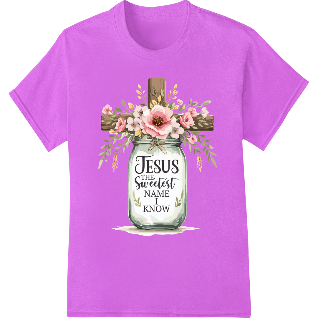 Jesus: The Sweetest Name - Floral Faith DTF Heat Transfer on purple shirt - SUPERDTF-DTF Prints-DTF Transfers-Custom DTF Prints