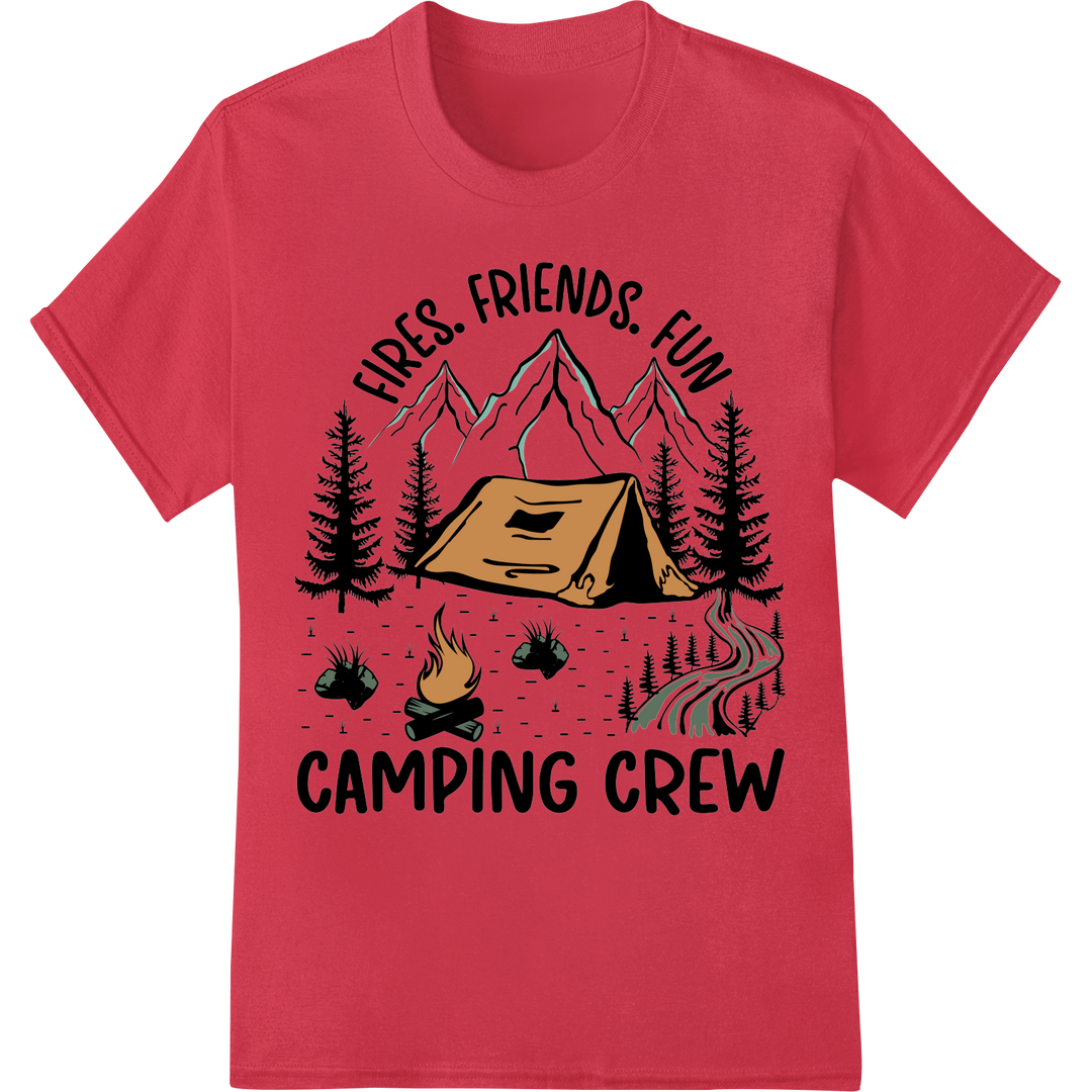 Fires, Friends, Fun: Ultimate Camping Crew DTF Print on red shirt - SUPERDTF-DTF Prints-DTF Transfers-Custom DTF Prints