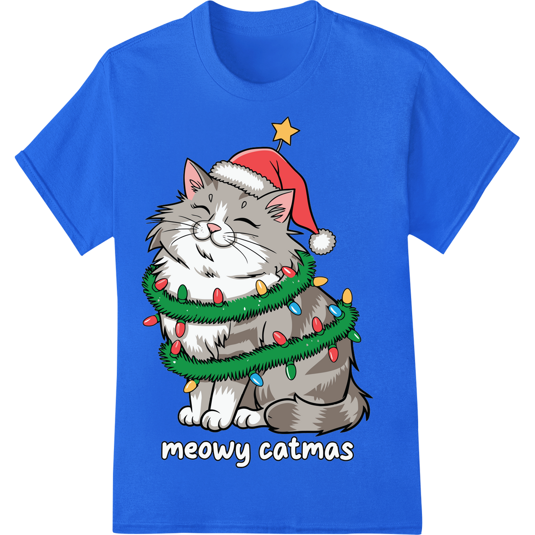 Meowy Catmas: Adorable Feline Festive DTF Print Transfer on blue shirt - SUPERDTF-DTF Prints-DTF Transfers-Custom DTF Prints