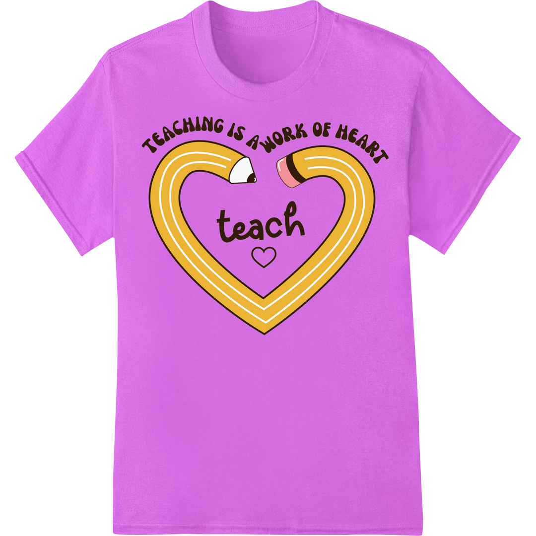 Retro 'Teaching is a Work of Heart' DTF Print Heat Transfer on purple shirt - SUPERDTF-DTF Prints-DTF Transfers-Custom DTF Prints