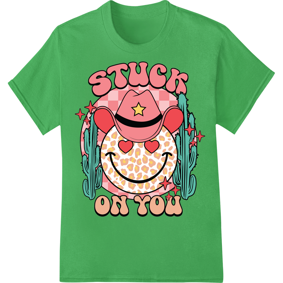 Cowboy Emoji Valentine: Stuck on You Western Love on green shirt - SUPERDTF-DTF Prints-DTF Transfers-Custom DTF Prints