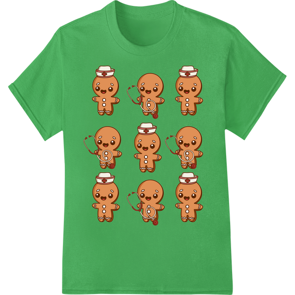 Adorable Gingerbread Nurse Christmas DTF Print Heat Transfer on green shirt - SUPERDTF-DTF Prints-DTF Transfers-Custom DTF Prints