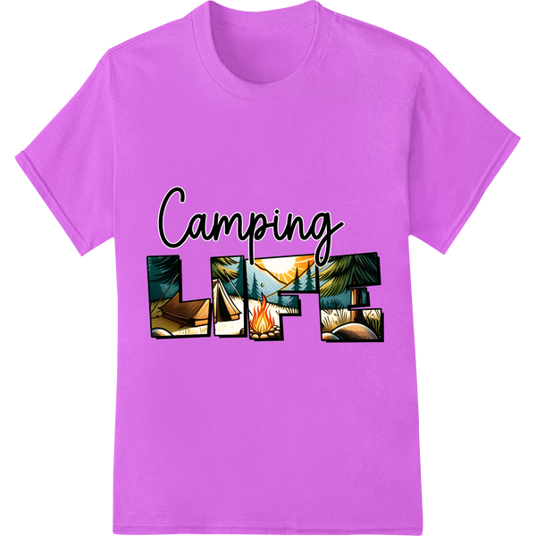 Discover the Great Outdoors: Vibrant Camping DTF Print on purple shirt - SUPERDTF-DTF Prints-DTF Transfers-Custom DTF Prints