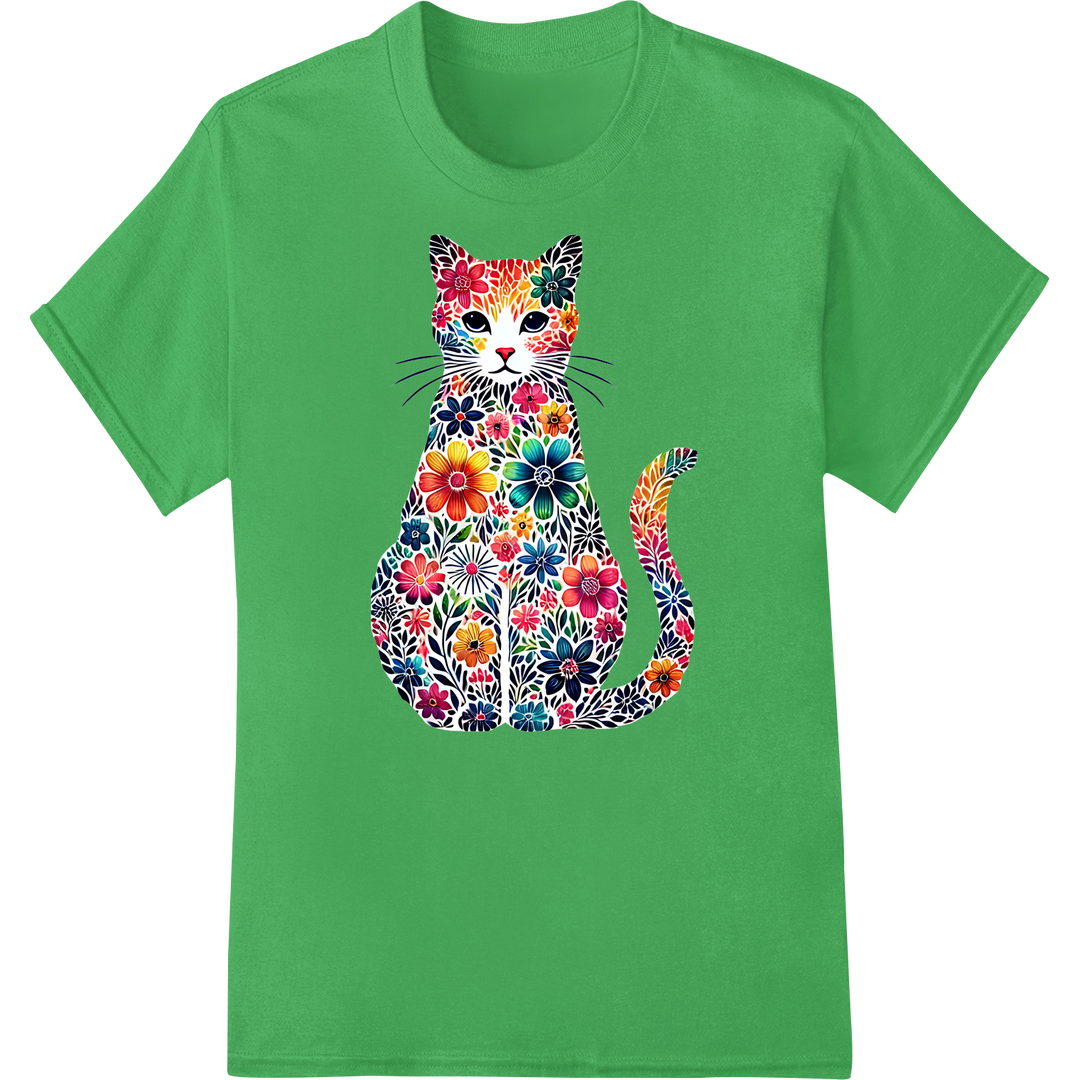 Vibrant Cat Floral DTF Print Heat Transfer | Cat Lover on green shirt - SUPERDTF-DTF Prints-DTF Transfers-Custom DTF Prints