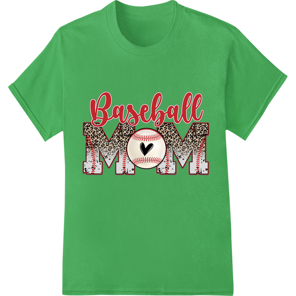 Baseball Mom Leopard Print Heart DTF Heat Transfer on green shirt - SUPERDTF-DTF Prints-DTF Transfers-Custom DTF Prints