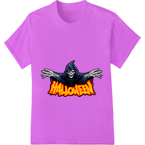 Vibrant heat transfer print on Fiery Grim Reaper: Hauntingly Cool Halloween Heat Transfer