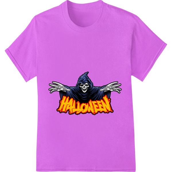 Vibrant heat transfer print on Fiery Grim Reaper: Hauntingly Cool Halloween Heat Transfer