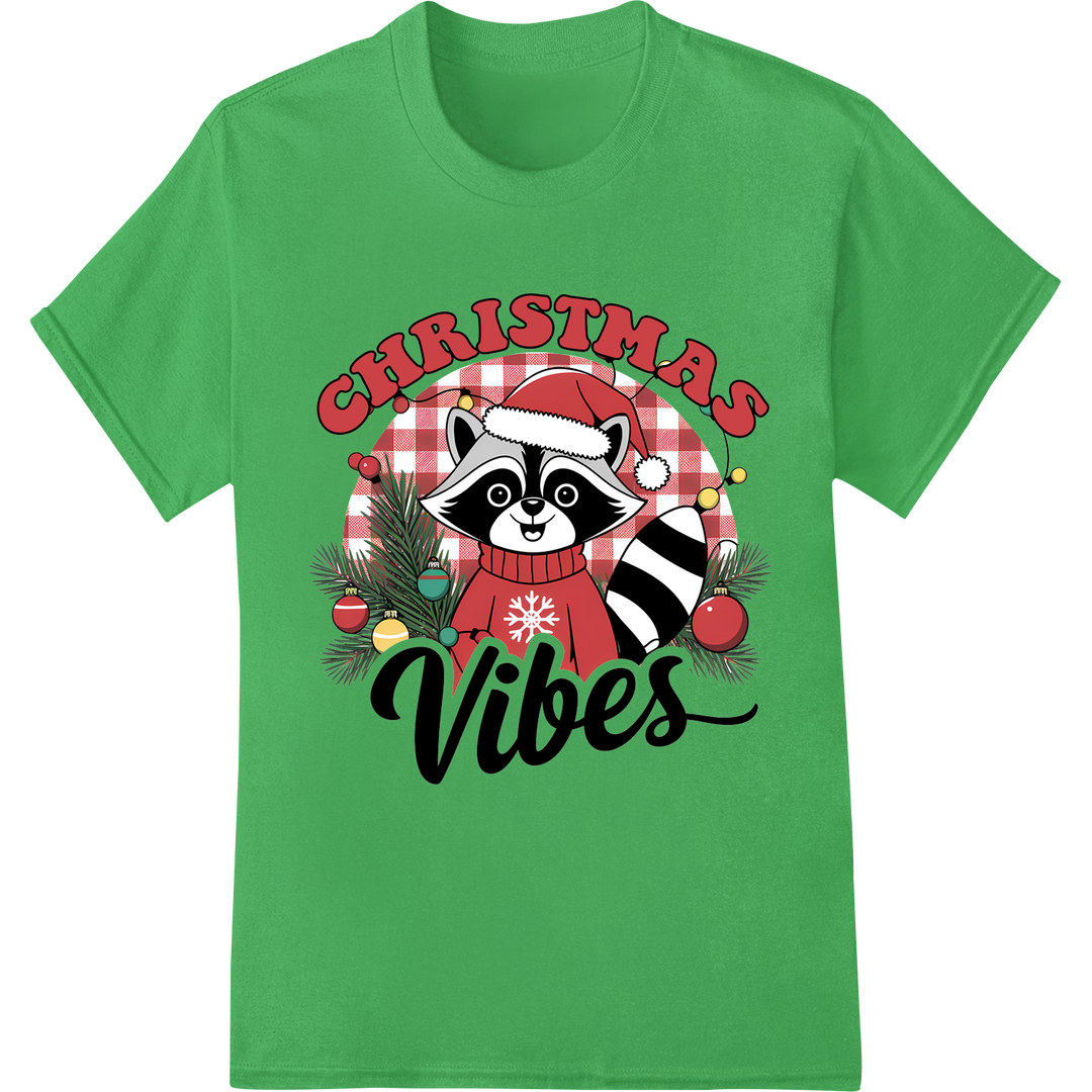 Adorable Christmas Raccoon Vibes - Funny Holiday DTF Print on green shirt - SUPERDTF-DTF Prints-DTF Transfers-Custom DTF Prints