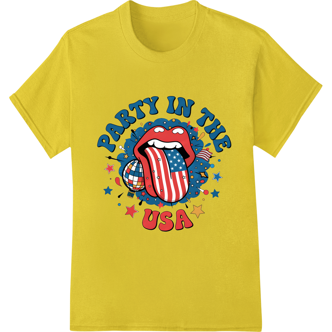 Party in the USA: Patriotic Tongue 4th of July DTF Print on yellow shirt - SUPERDTF-DTF Prints-DTF Transfers-Custom DTF Prints