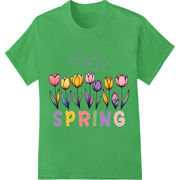 Vibrant 'Hello Spring' Tulip DTF Print Heat Transfer on green shirt - SUPERDTF-DTF Prints-DTF Transfers-Custom DTF Prints