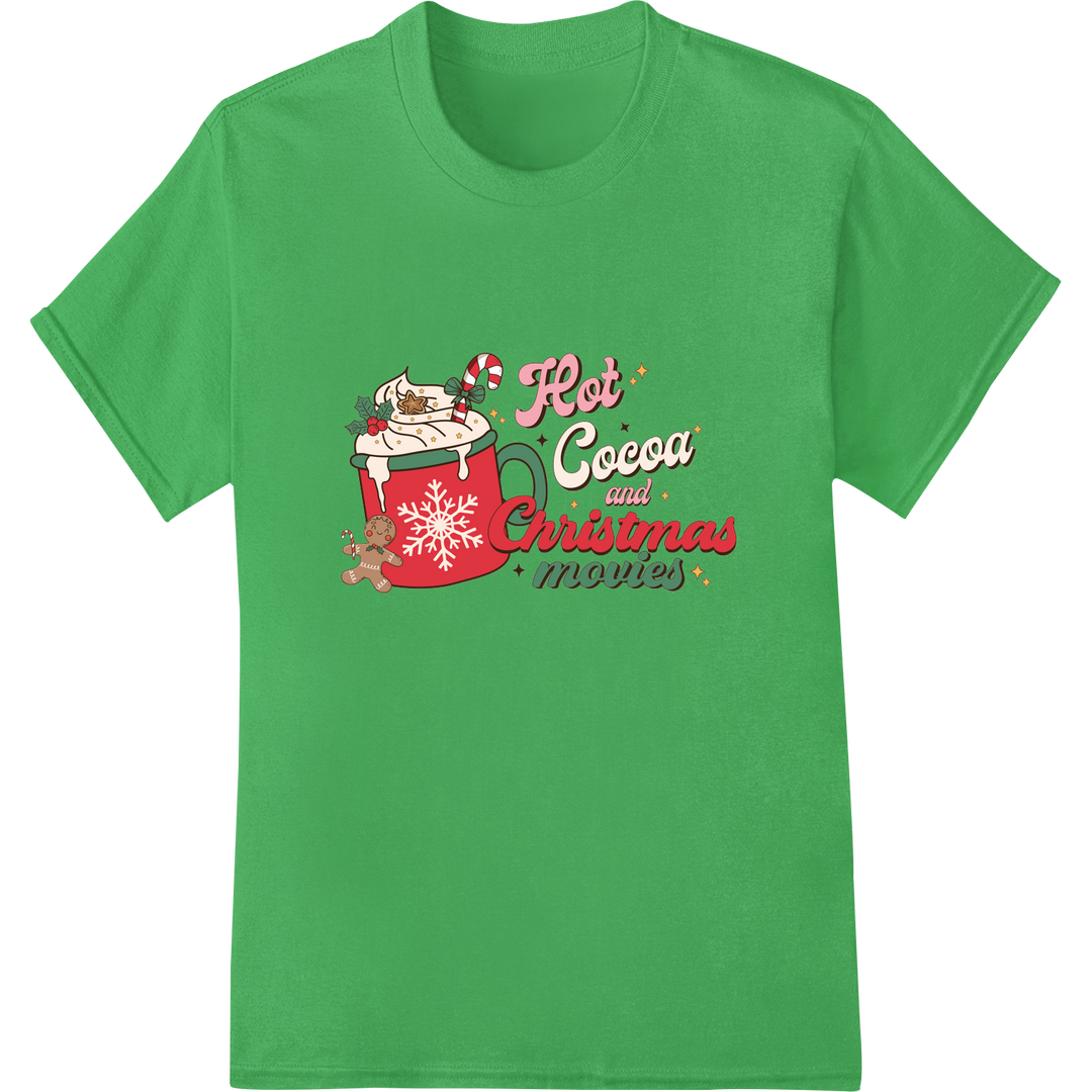 Retro Christmas Cheer: Hot Cocoa & Movie Night DTF Print on green shirt - SUPERDTF-DTF Prints-DTF Transfers-Custom DTF Prints