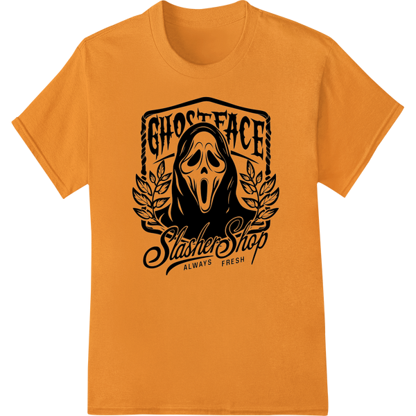 Ghostface Slasher: Hauntingly Fresh DTF Print Heat Transfer on orange shirt - SUPERDTF-DTF Prints-DTF Transfers-Custom DTF Prints