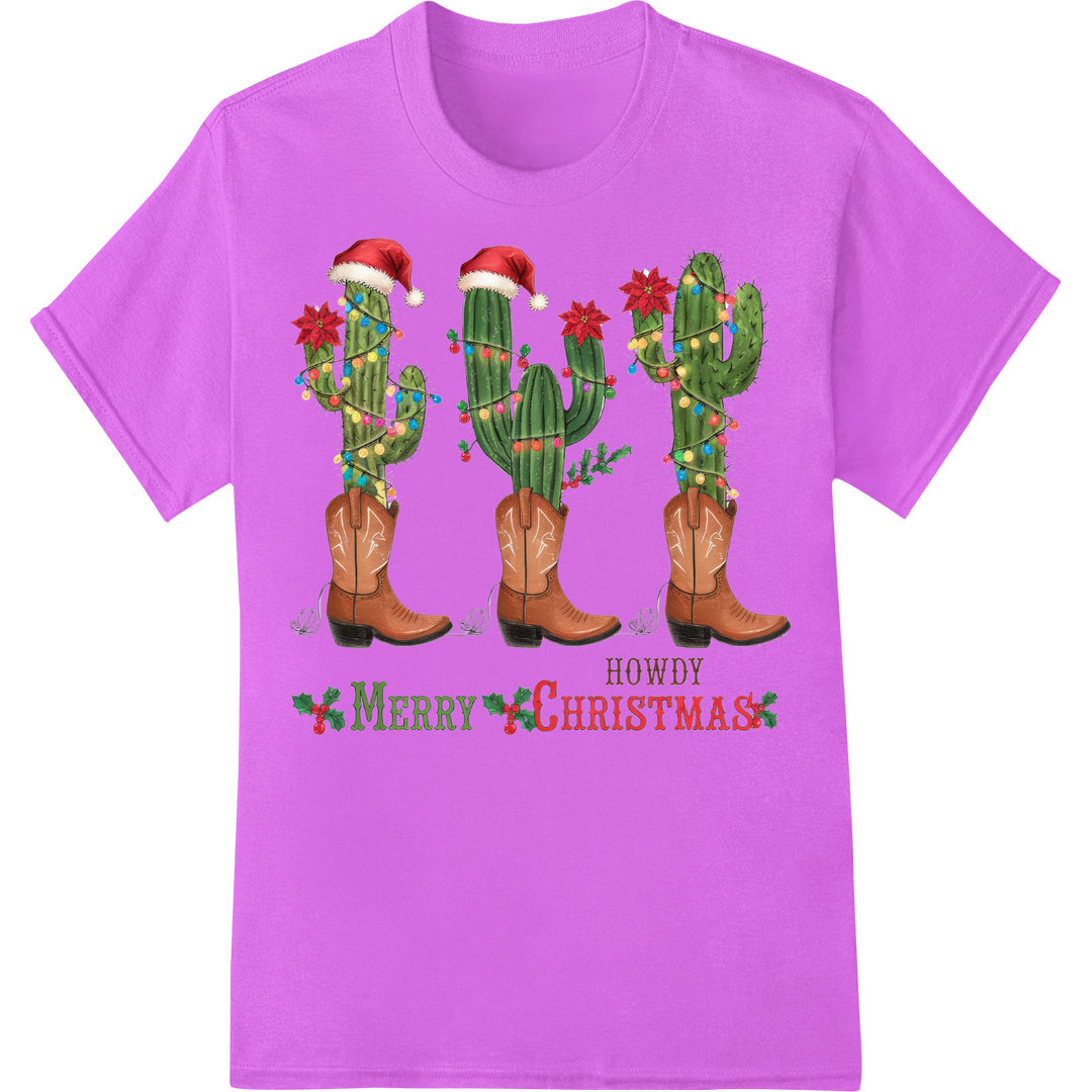 Festive Cowboy Boot Cactus - Western Christmas DTF Print on purple shirt - SUPERDTF-DTF Prints-DTF Transfers-Custom DTF Prints