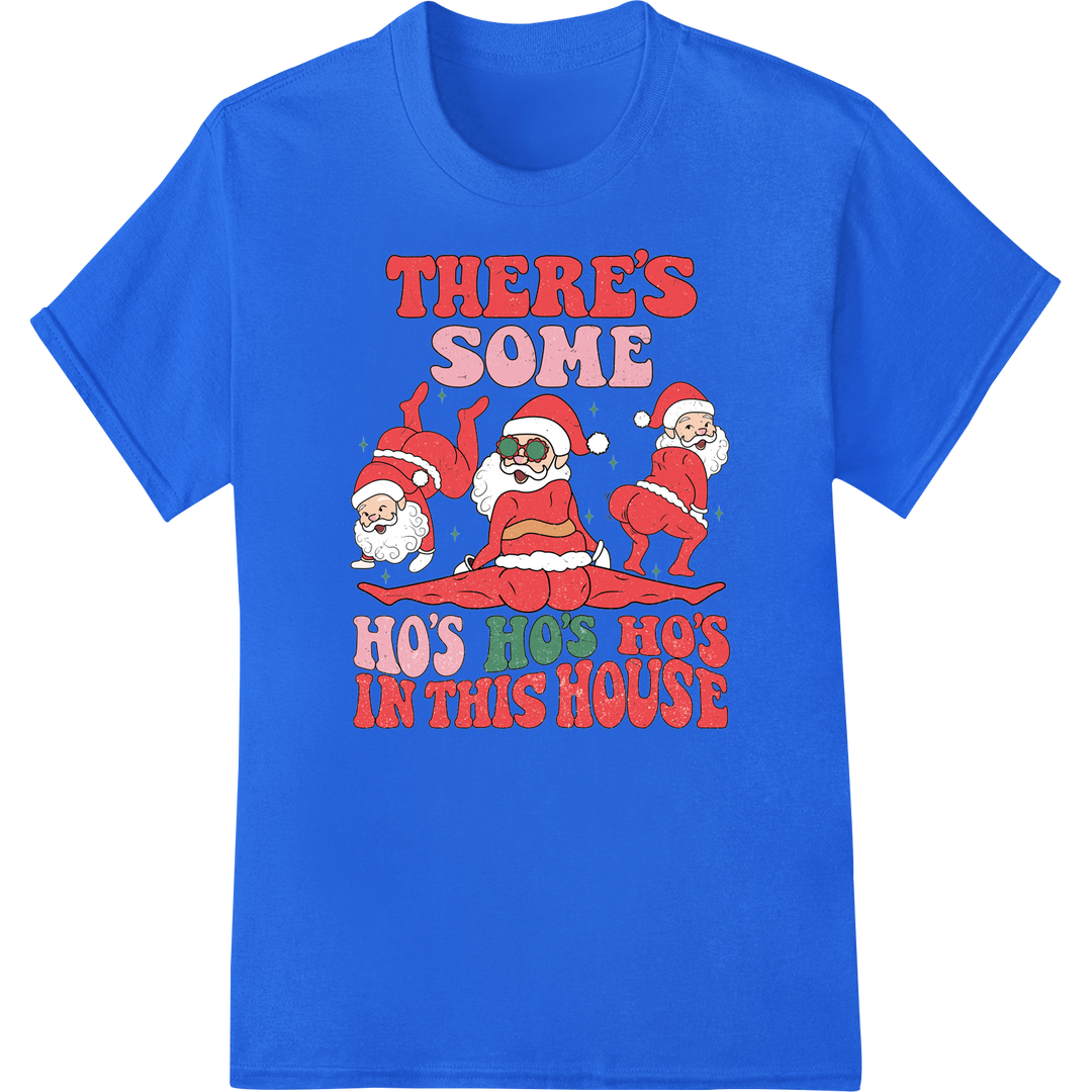 Retro Santa Trio Brings "HO HO HO" to Your Holiday Wardrobe on blue shirt - SUPERDTF-DTF Prints-DTF Transfers-Custom DTF Prints