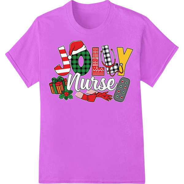 Retro Jolly Nurse | Festive Christmas DTF Heat Transfer Print on purple shirt - SUPERDTF-DTF Prints-DTF Transfers-Custom DTF Prints