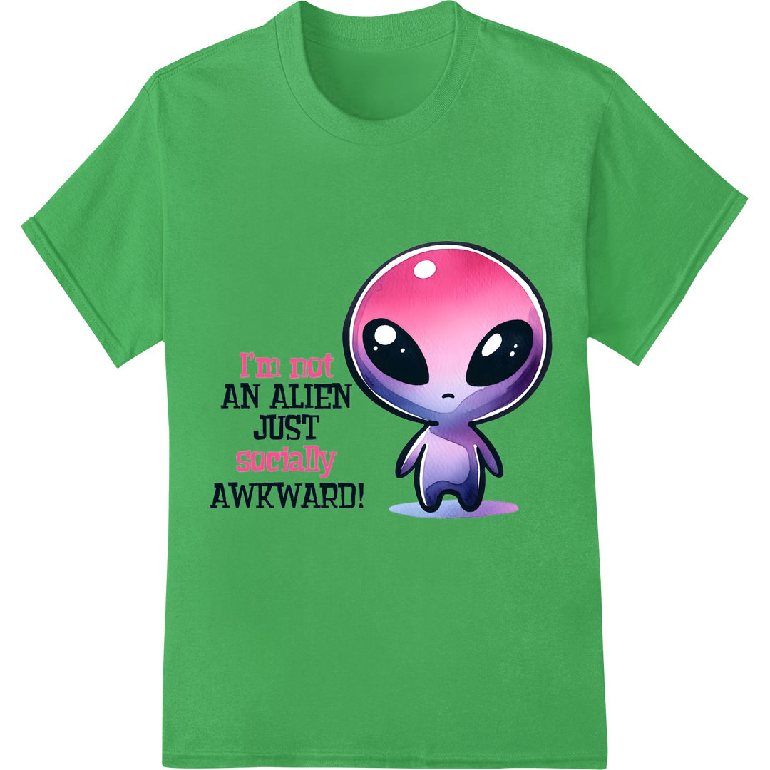 Embrace Your Inner Awkward Alien with This Hilarious DTF Print on green shirt - SUPERDTF-DTF Prints-DTF Transfers-Custom DTF Prints