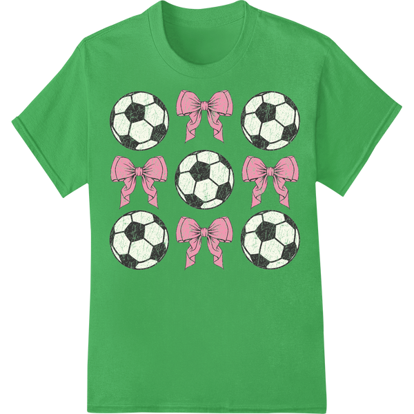 Playful Soccer Balls and Pink Bows Pattern DTF Transfer on green shirt - SUPERDTF-DTF Prints-DTF Transfers-Custom DTF Prints