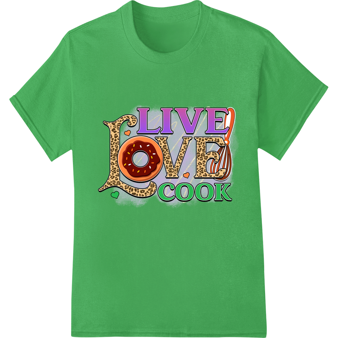 Sizzling Leopard Print "LIVE LOVE COOK" Kitchen DTF Transfer on green shirt - SUPERDTF-DTF Prints-DTF Transfers-Custom DTF Prints