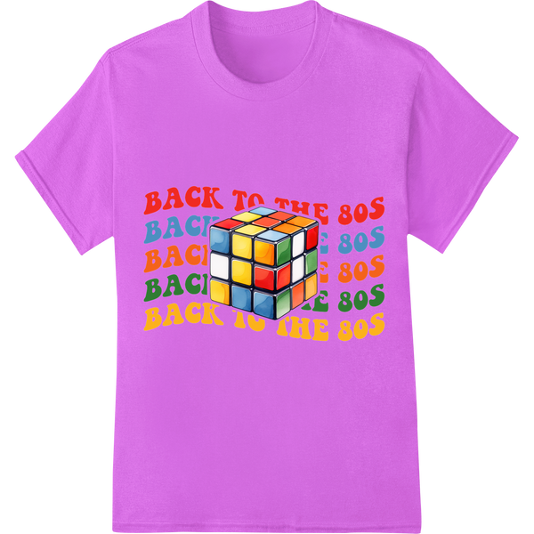 Vibrant 80s Nostalgia: Rubik's Cube 'Back to the 80s' Print on purple shirt - SUPERDTF-DTF Prints-DTF Transfers-Custom DTF Prints