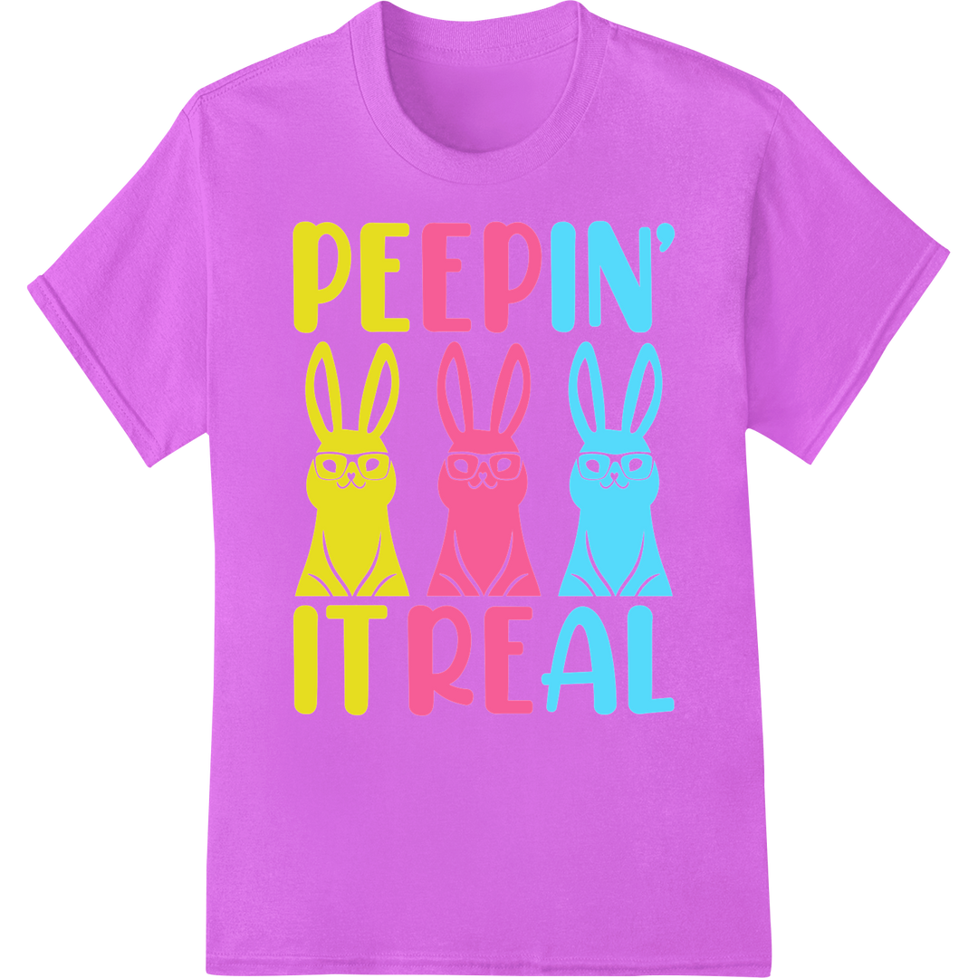 Playful Easter Bunnies DTF Print: "PEEPIN' IT REAL" on purple shirt - SUPERDTF-DTF Prints-DTF Transfers-Custom DTF Prints