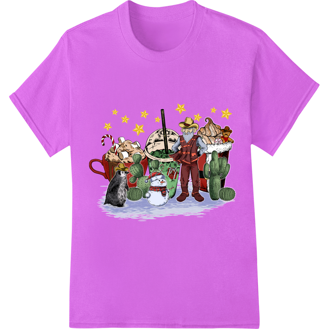 Festive Howdy Christmas Cacti Gather 'Round | DTF Print on purple shirt - SUPERDTF-DTF Prints-DTF Transfers-Custom DTF Prints