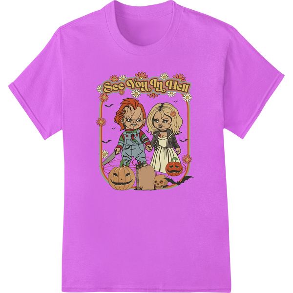 Adorable Horror: Chucky & Tiffany's Halloween Mischief on purple shirt - SUPERDTF-DTF Prints-DTF Transfers-Custom DTF Prints