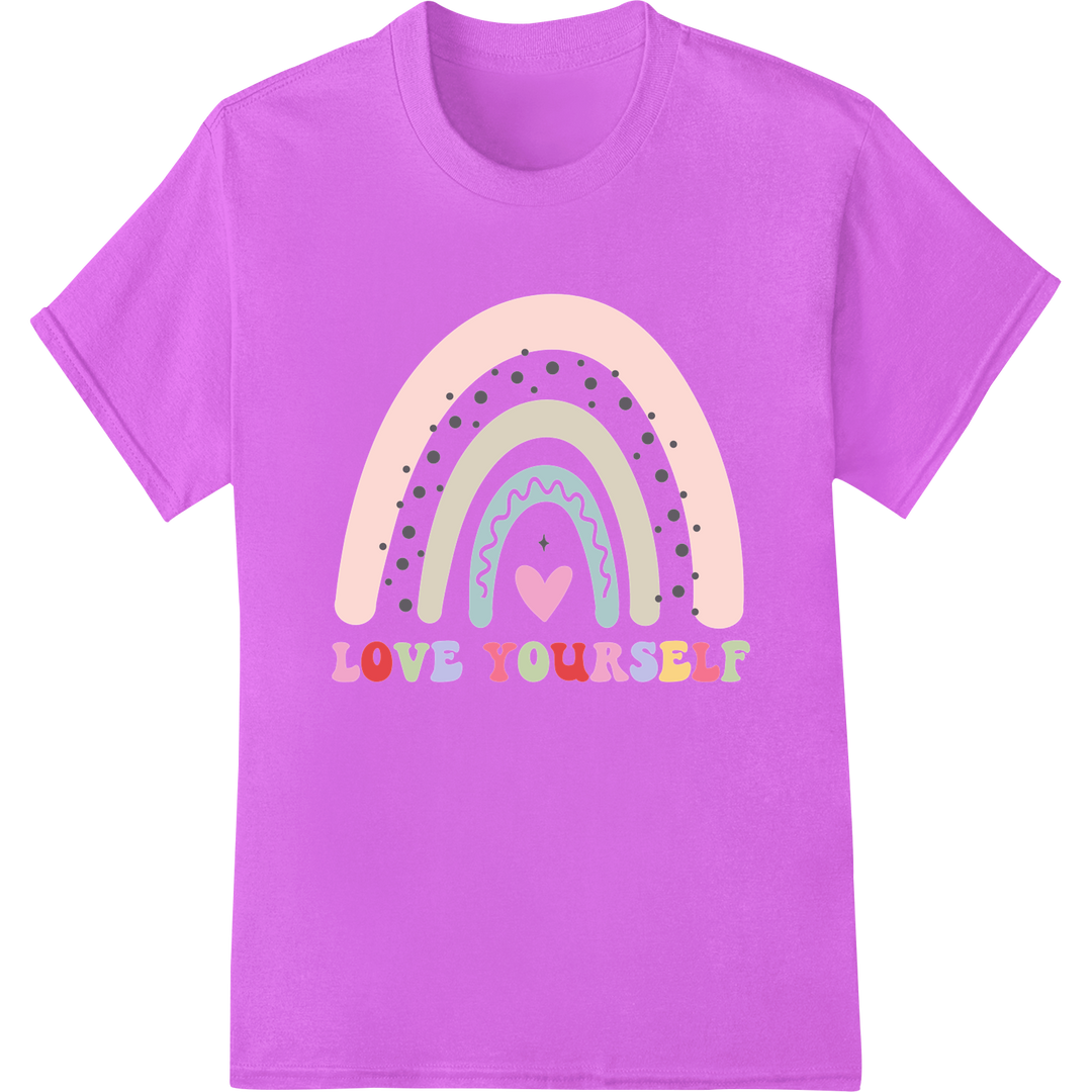 Embrace Self-Love: Inspirational Rainbow Heart DTF Print on purple shirt - SUPERDTF-DTF Prints-DTF Transfers-Custom DTF Prints