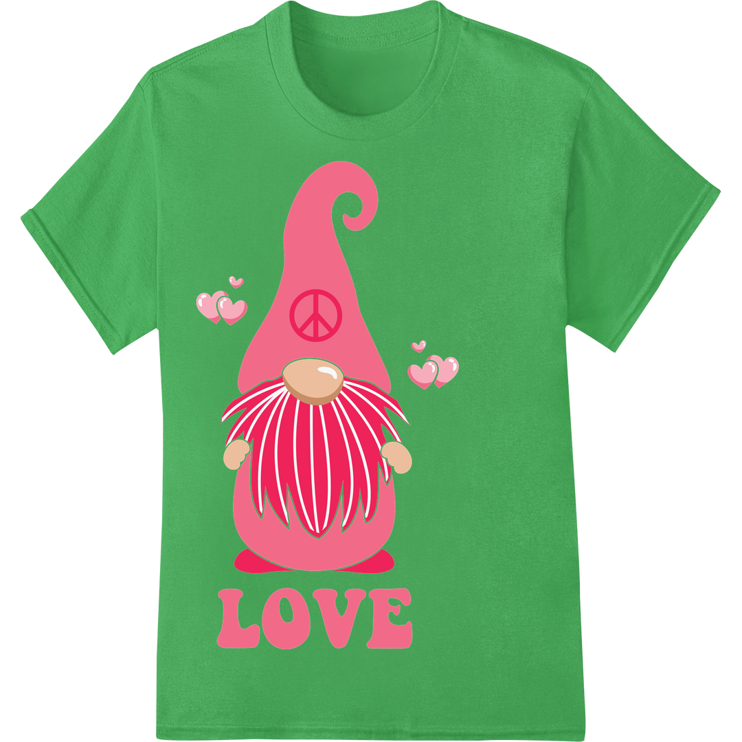 Adorable Valentine's Gnome 'LOVE' DTF Print Heat Transfer on green shirt - SUPERDTF-DTF Prints-DTF Transfers-Custom DTF Prints