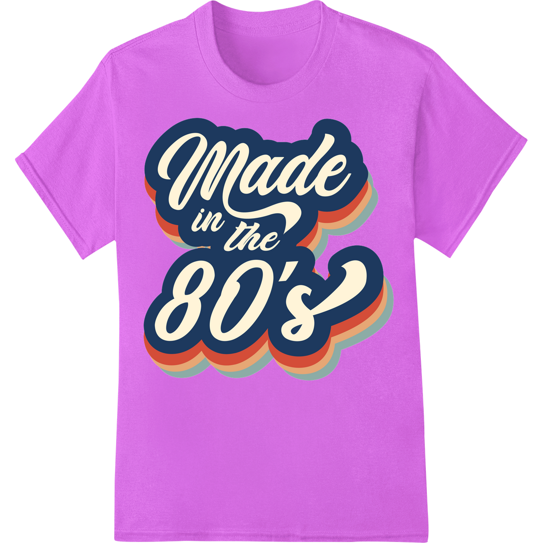 Retro 'Made in the 80's' Rainbow DTF Print Heat Transfer on purple shirt - SUPERDTF-DTF Prints-DTF Transfers-Custom DTF Prints