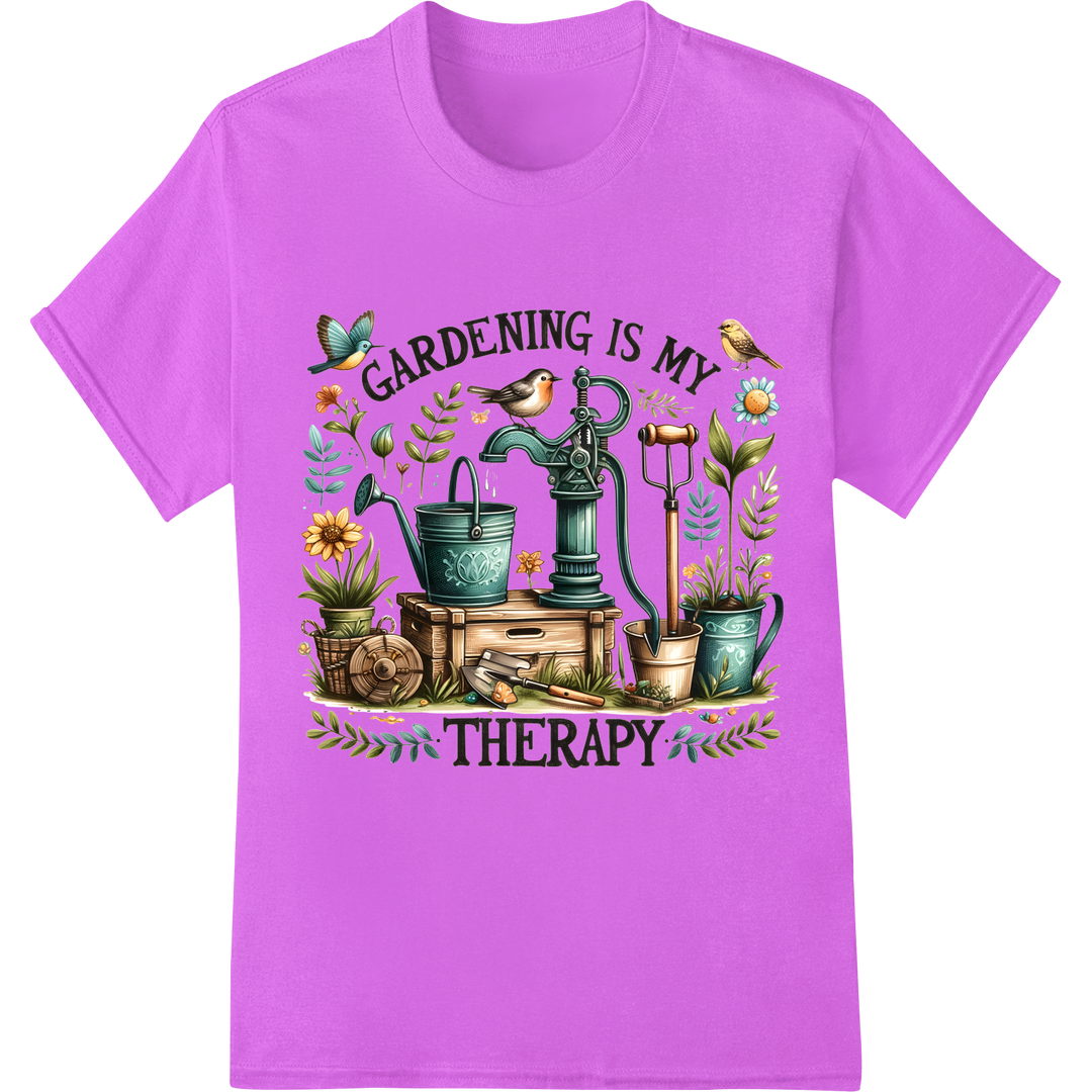 Gardening is My Therapy | Vintage Garden DTF Print Transfer on purple shirt - SUPERDTF-DTF Prints-DTF Transfers-Custom DTF Prints