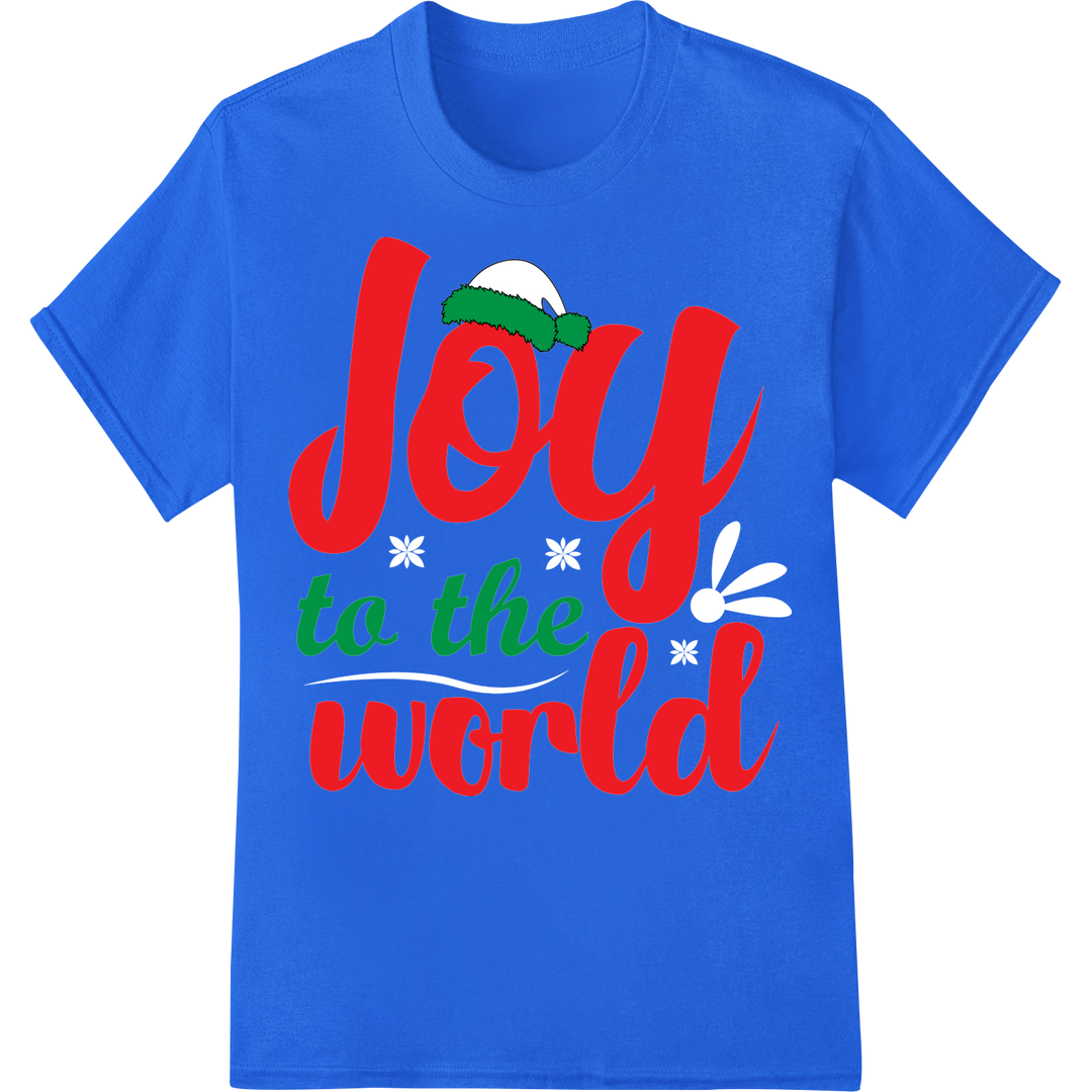 Festive 'Joy to the World' DTF Print Heat Transfer on blue shirt - SUPERDTF-DTF Prints-DTF Transfers-Custom DTF Prints