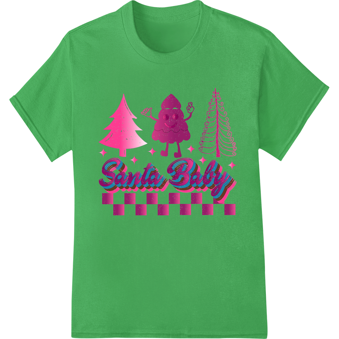 Playful Pink Santa Christmas Heat Transfer Print Design on green shirt - SUPERDTF-DTF Prints-DTF Transfers-Custom DTF Prints