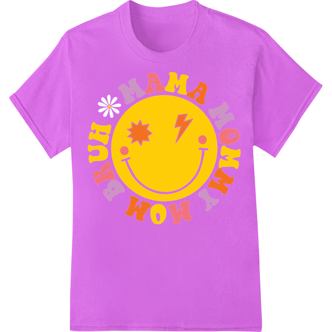 Retro 'Mama Now Wow' Smiley Face DTF Print Heat Transfer on purple shirt - SUPERDTF-DTF Prints-DTF Transfers-Custom DTF Prints