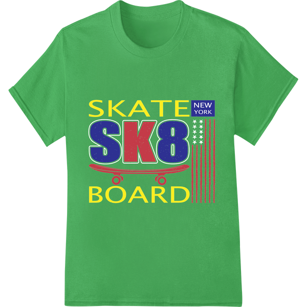 SK8 NEW YORK: Bold Skateboard DTF Print Heat Transfer on green shirt - SUPERDTF-DTF Prints-DTF Transfers-Custom DTF Prints