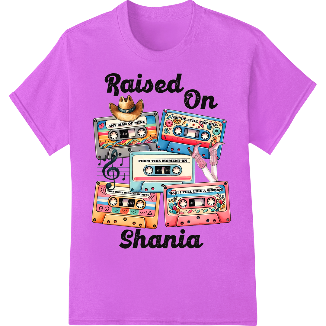 Raised On Shania: Nostalgic 90s Country Music Cassette Tapes on purple shirt - SUPERDTF-DTF Prints-DTF Transfers-Custom DTF Prints