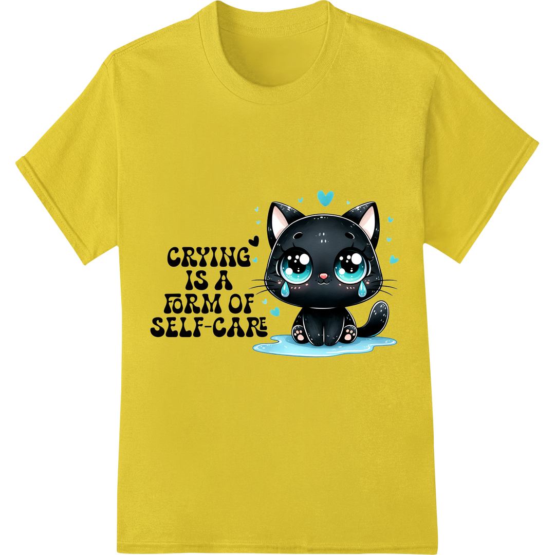 Adorable Cat Crying: Self-Care Mental Health DTF Print on yellow shirt - SUPERDTF-DTF Prints-DTF Transfers-Custom DTF Prints