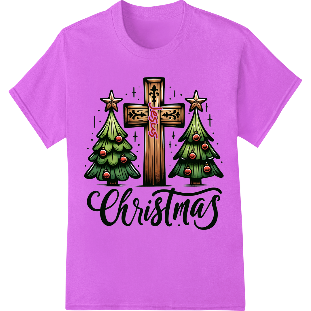 Festive Christmas Cross with Trees DTF Print Heat Transfer on purple shirt - SUPERDTF-DTF Prints-DTF Transfers-Custom DTF Prints